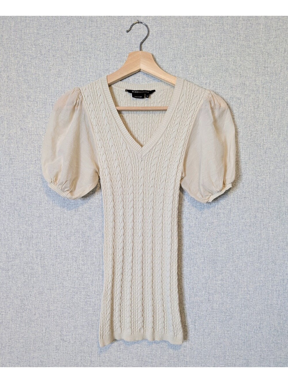Vintage y2k BCBG stretch cable knit puff sleeve top